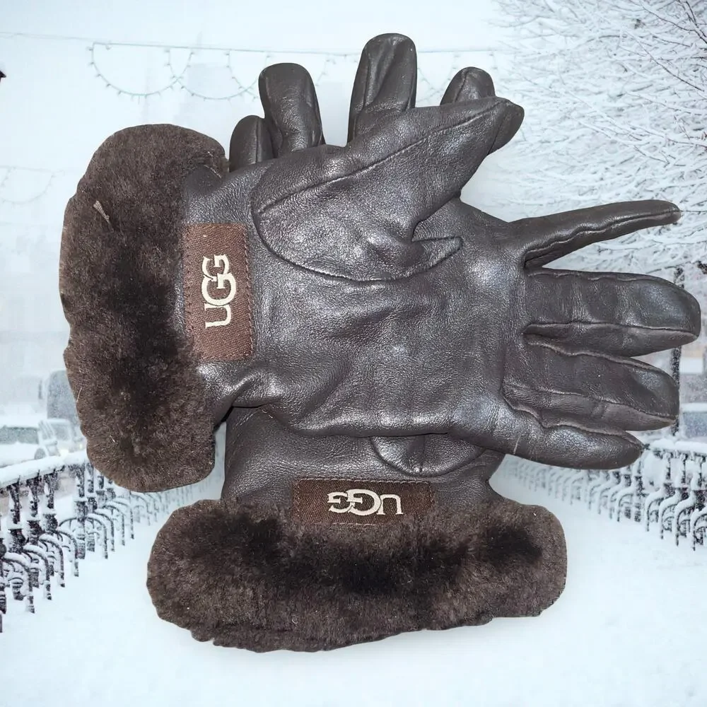 UGG Womens Brown Leather Gloves Size Small S Wool Cashmere Lined Winter Luxury
